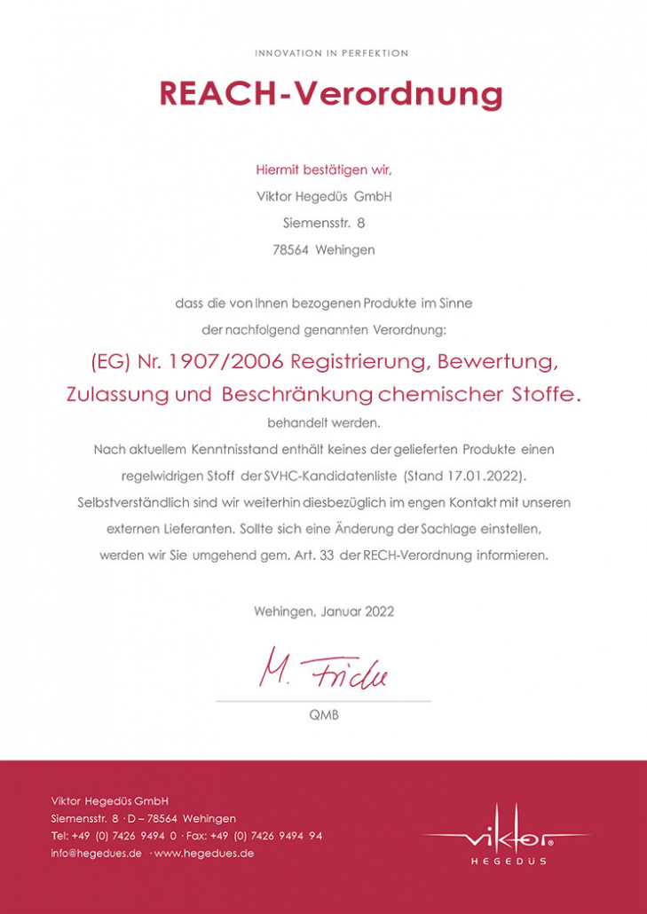 Viktor Hegedüs GmbH: REACH-Verordnung 1907/2006