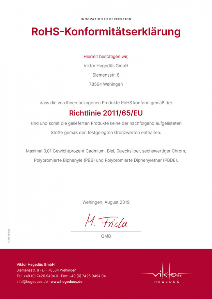 Viktor Hegedüs GmbH: RoHS-Konformitätserklärung Richtlinie 2011/65/EU