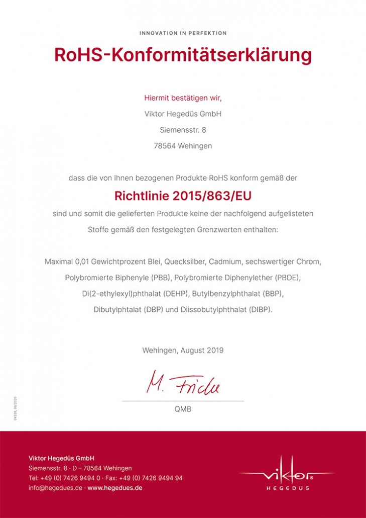 Viktor Hegedüs GmbH: RoHS-Konformitätserklärung Richtlinie 2015/863/EU