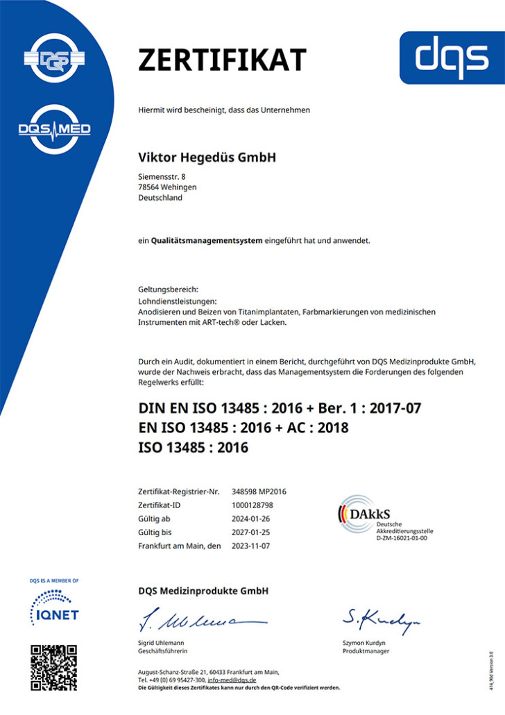 Viktor Hegedüs GmbH: Zertifikat ISO 13485 : 2016