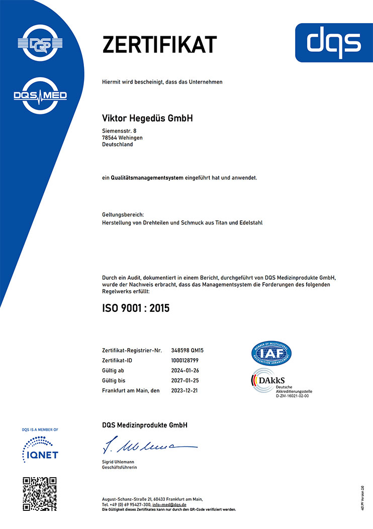 Viktor Hegedüs GmbH: Zertifikat ISO 9001 : 2015