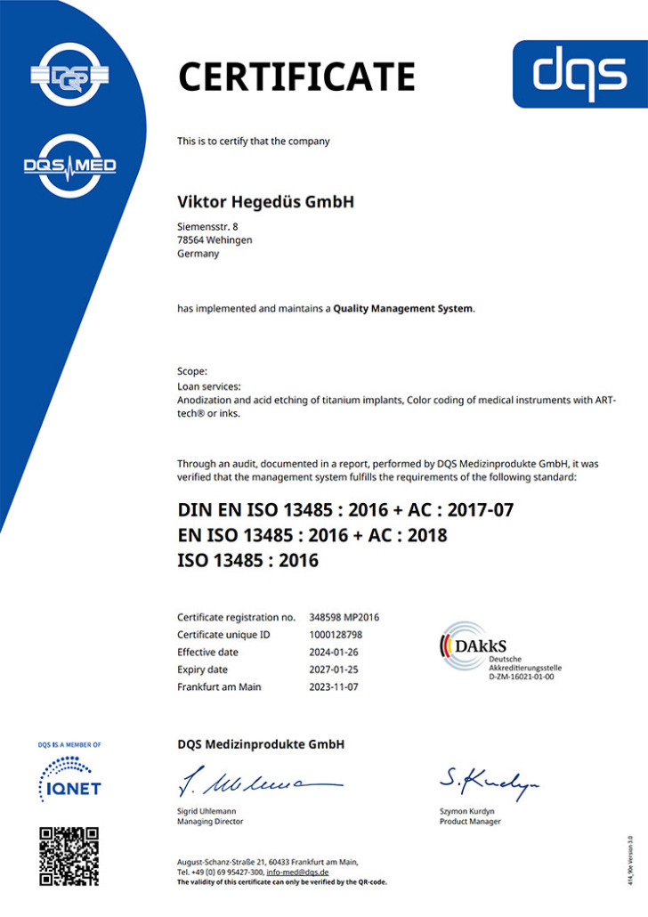 Viktor Hegedüs GmbH: Certificate ISO 13485 : 2016