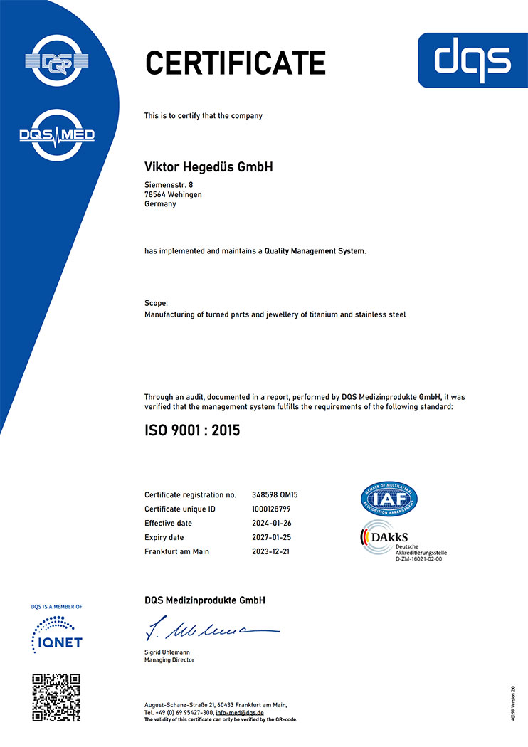 Viktor Hegedüs GmbH: Certificate ISO 9001 : 2015