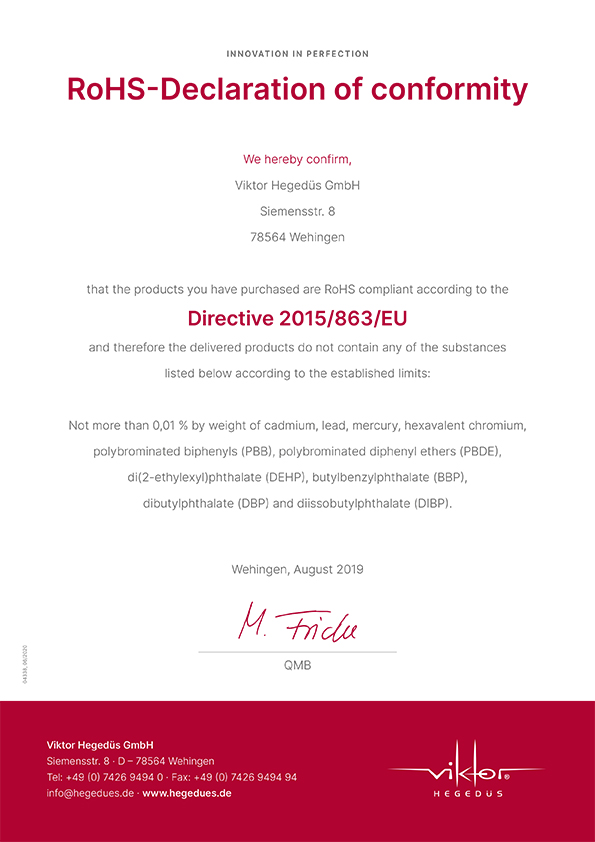 Viktor Hegedüs GmbH: RoHS-Declaration of conformity 2015/863/EU