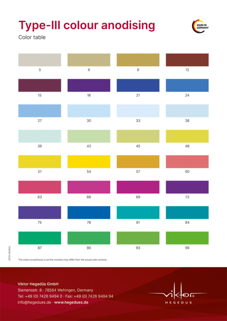 Viktor Hegedüs GmbH: TYP-III colour anodising, Colour chart